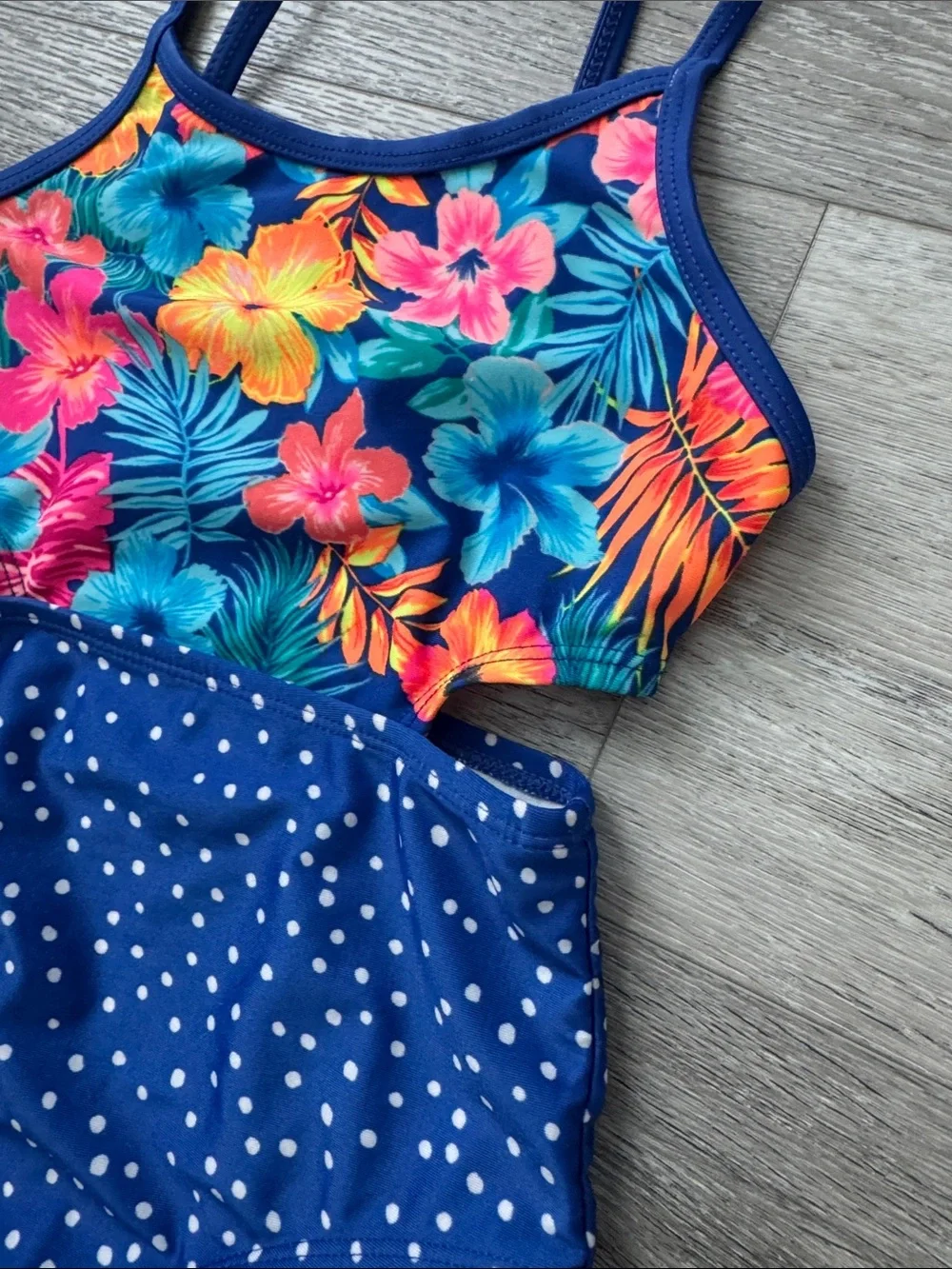Cat & Jack Girls' Navy Floral & Polka Dot One-Piece Swimsuit w/Peek a Boo Sides